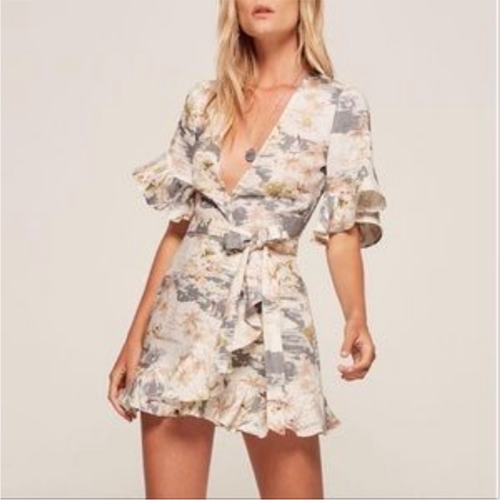 Reformation Pastel Floral Wrap Mini Dress in Cream, Light Blue and Pale Yellow - Picture 3 of 16